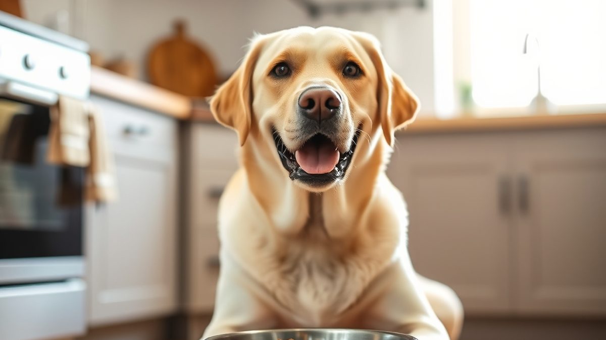 A healthy yellow Labrador beside a food bowl, illustrating the best dog food for Labradors