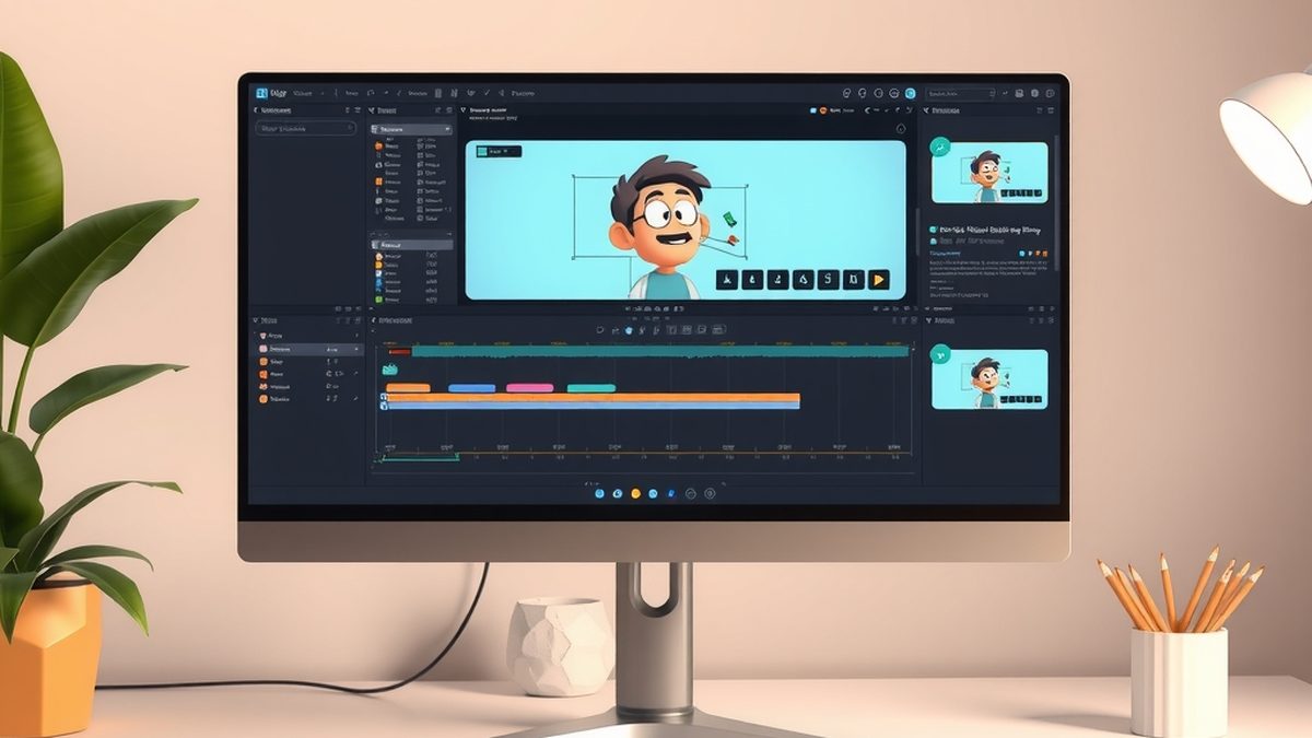 A 2D vector animation workspace with a timeline and a rigged character on a monitor, illustrating free alternatives to Adobe Animate