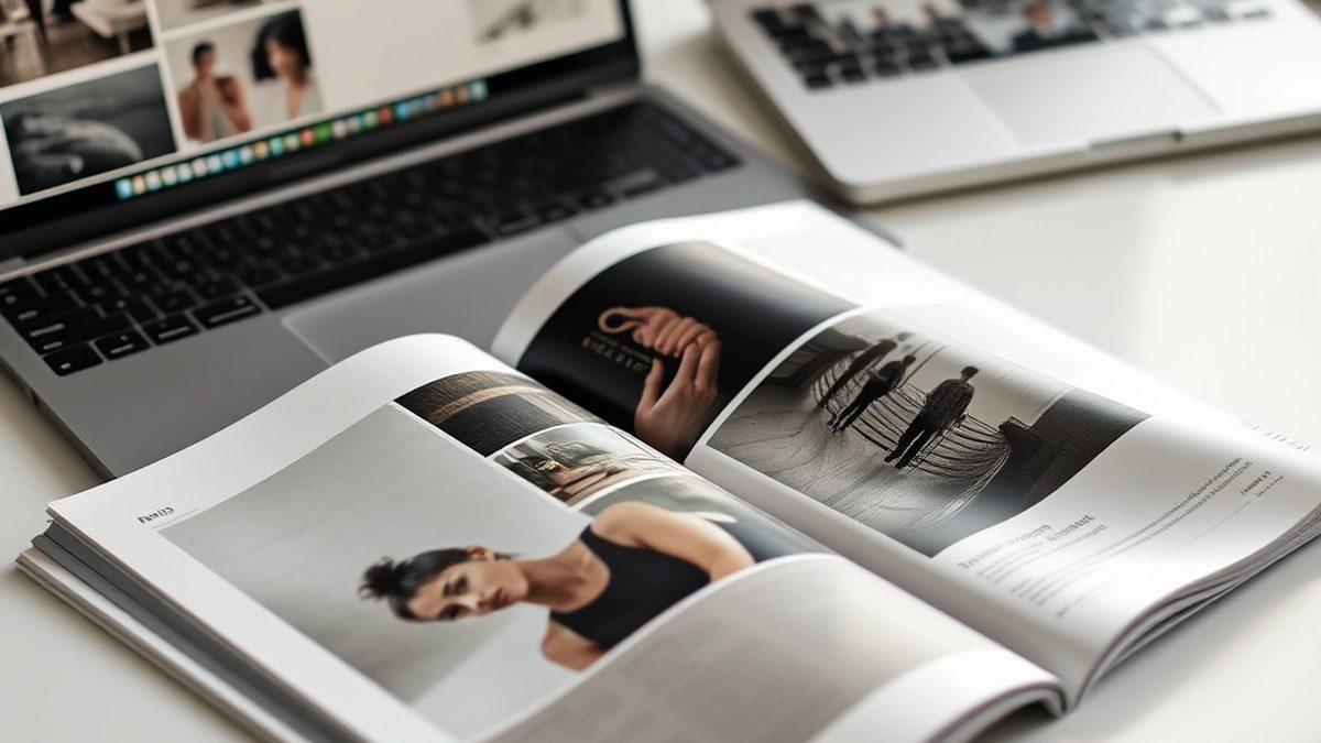 A magazine layout on a desk beside a laptop, illustrating free alternatives to Adobe InDesign