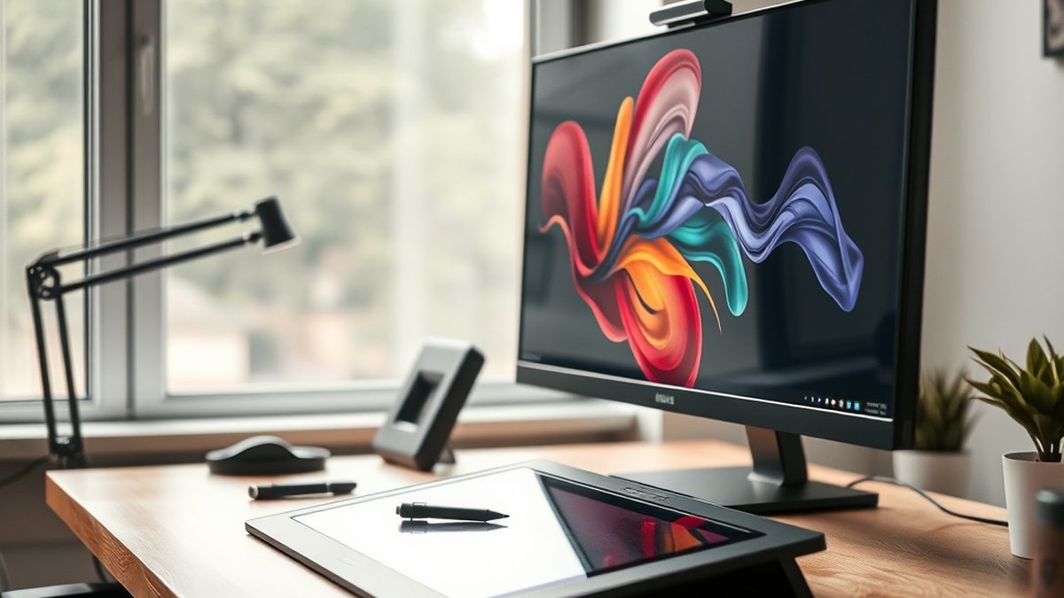 A designer's desk with graphics tablet and monitor, illustrating free alternatives to Adobe Photoshop