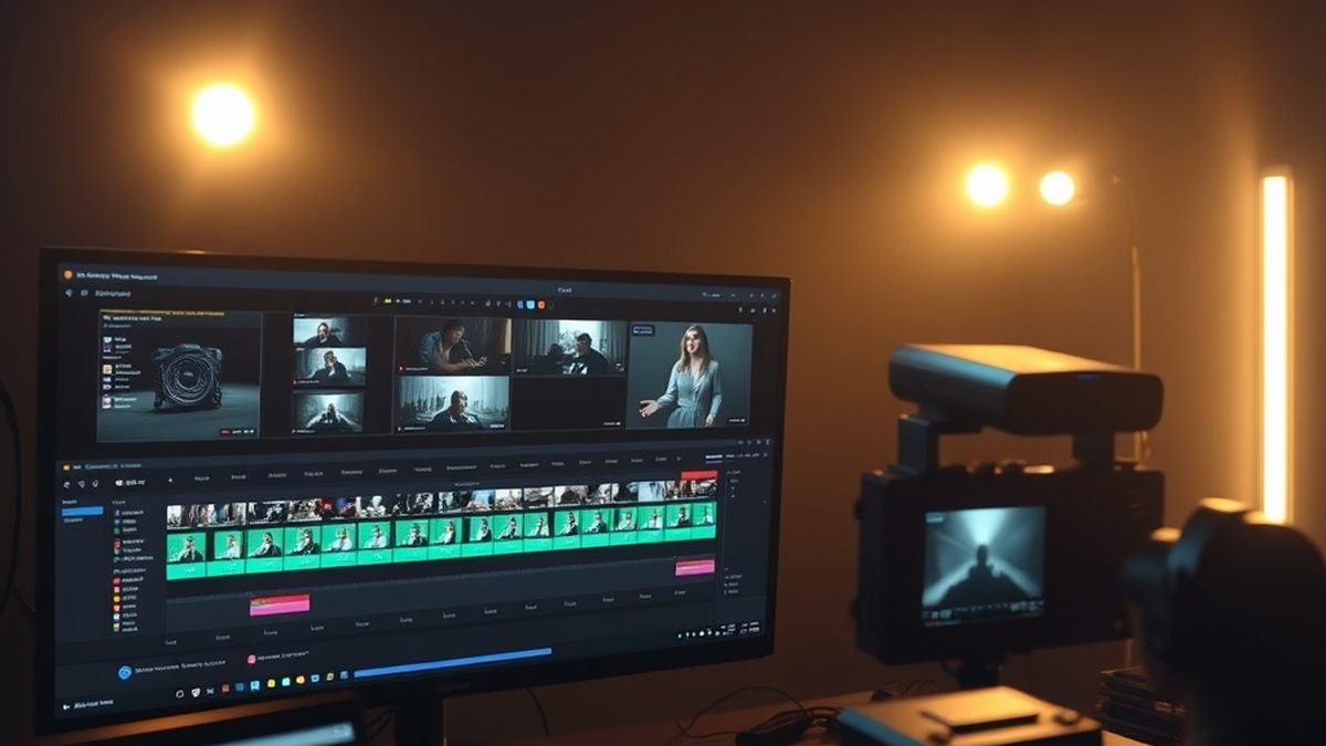 A video editing timeline on a monitor, illustrating free alternatives to Adobe Premiere Pro