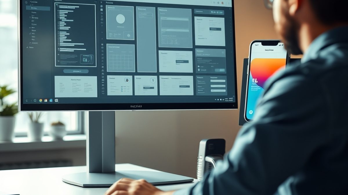 A UI design session on a monitor with wireframes and a prototype flow, illustrating free alternatives to Adobe XD