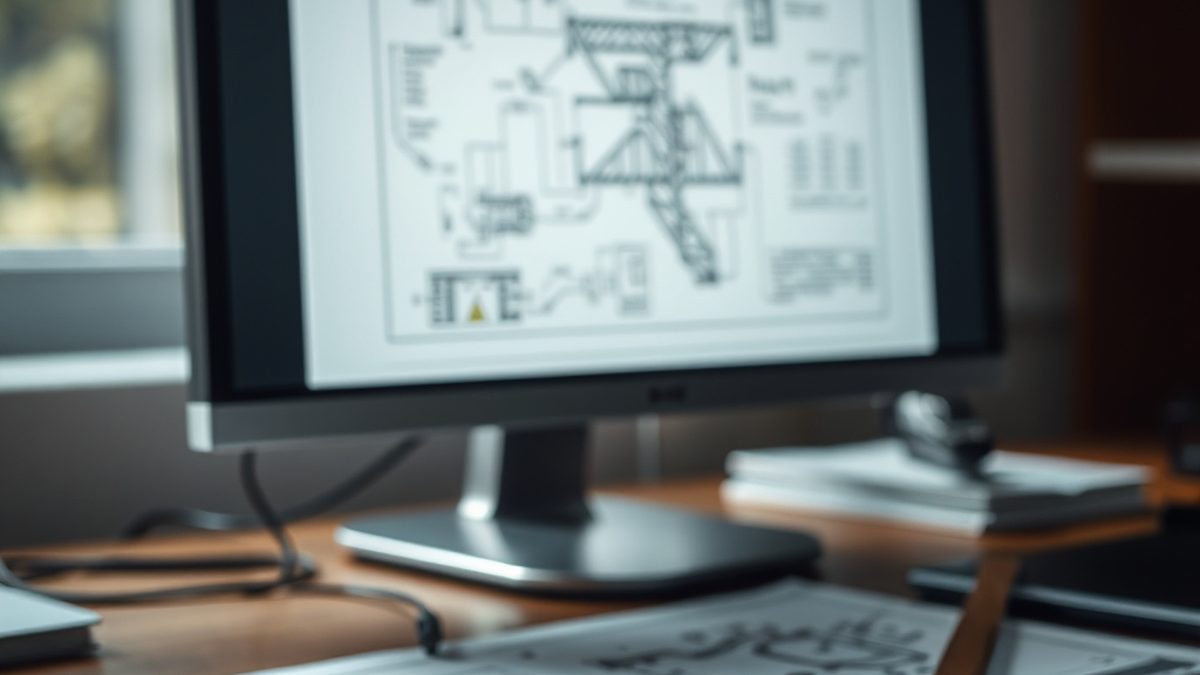 A technical drawing on a monitor beside drafting tools, illustrating free alternatives to AutoCAD
