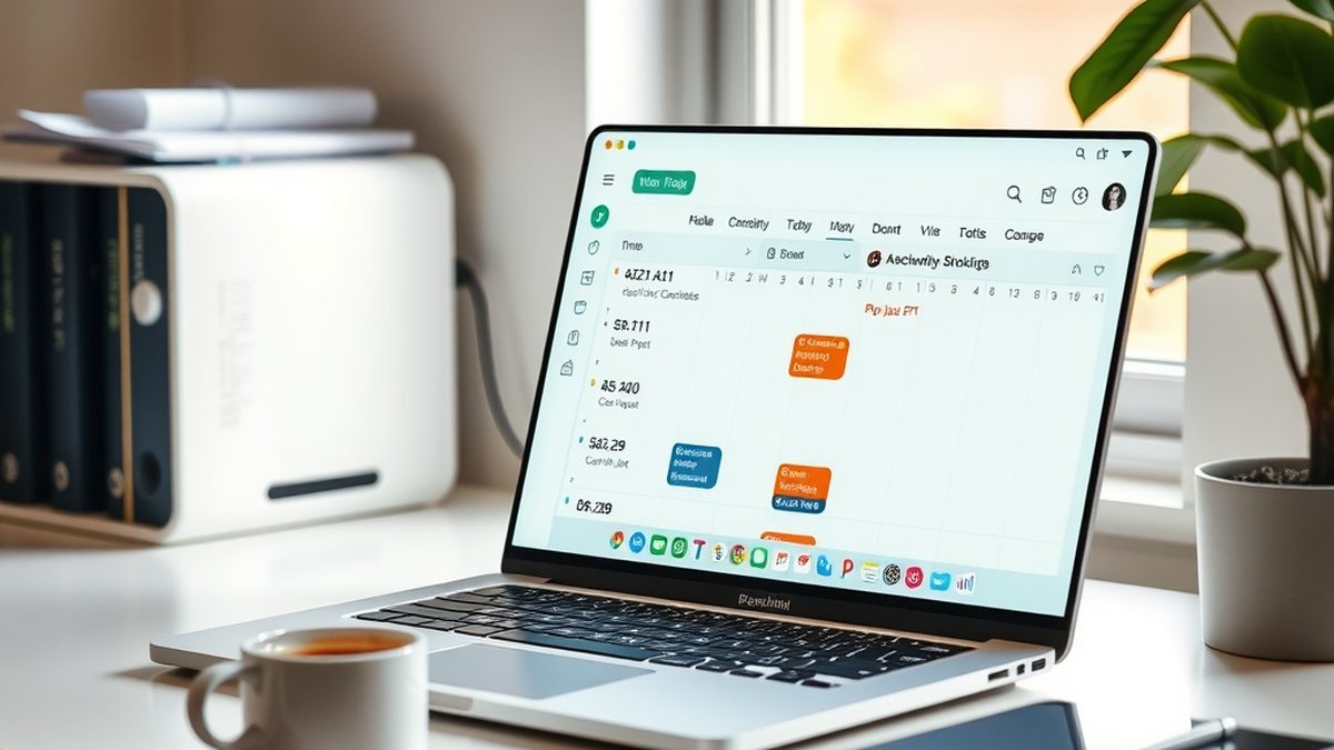 A clean desk with a laptop displaying a scheduling interface with time slots, a cup of coffee nearby, illustrating free alternatives to Calendly