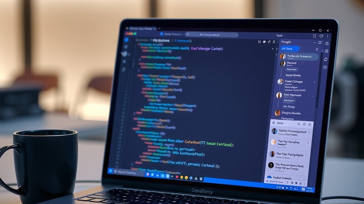 A developer's laptop with VS Code open showing code on the screen, an AI chat panel visible in the sidebar, on a desk next to a coffee mug, soft ambient light, modern software development workspace
