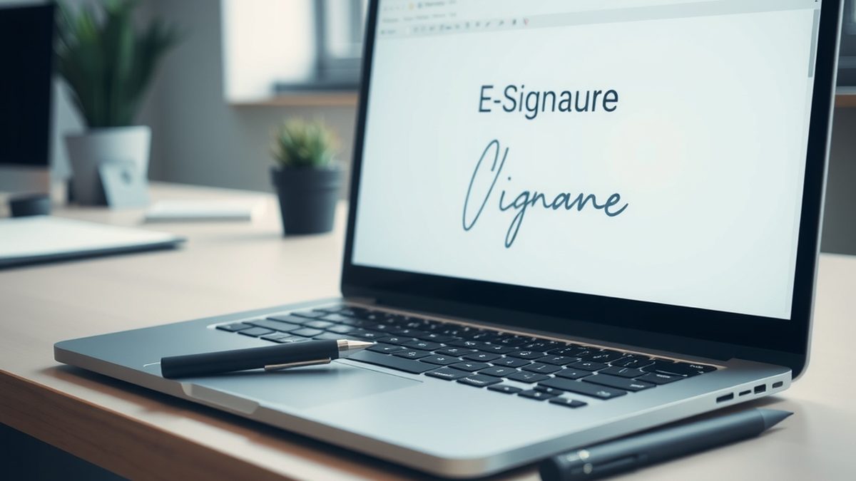 A laptop screen displaying an e-signature interface with a stylus resting nearby, illustrating free alternatives to DocuSign