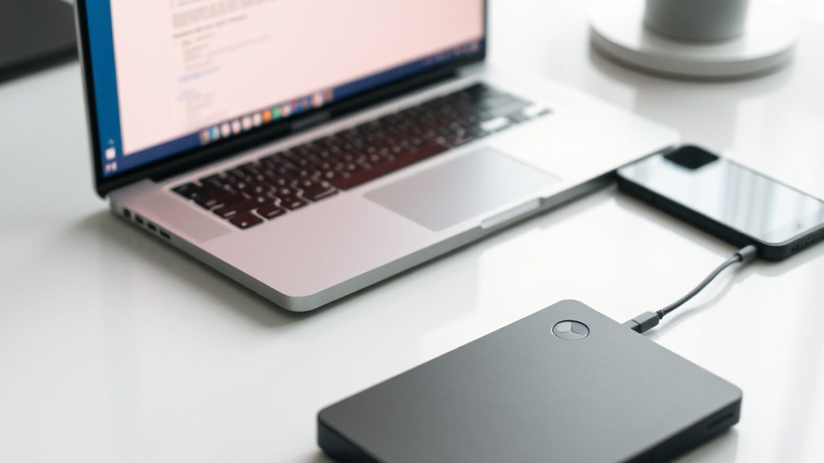 A laptop and external drive on a desk, illustrating free alternatives to Dropbox