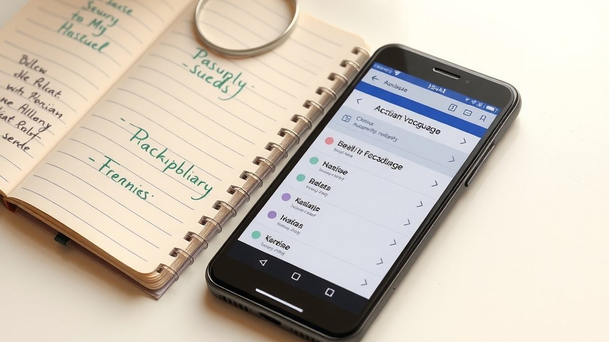 A smartphone on a desk displaying a language learning app, notebook and pen beside it, illustrating free alternatives to Duolingo