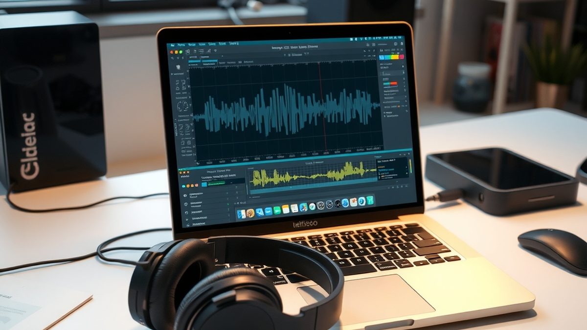 A laptop screen displaying an audio waveform and a text-to-speech interface, headphones resting on the desk, soft ambient light, modern creative workspace