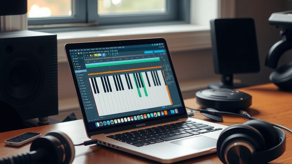 A laptop on a desk with a digital audio workstation interface on screen showing a piano roll and mixer, a pair of studio headphones beside it, soft natural window light, creative music production atmosphere