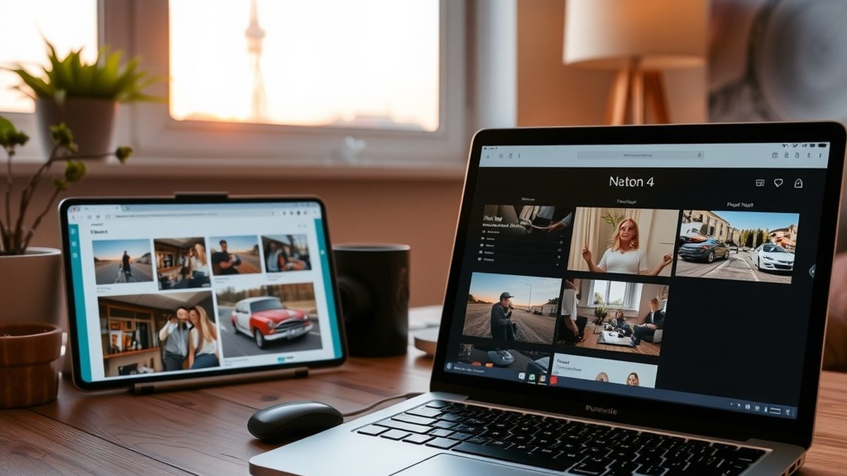 A smartphone displaying a photo gallery app with albums, next to a laptop and a cup of coffee, illustrating free alternatives to Google Photos