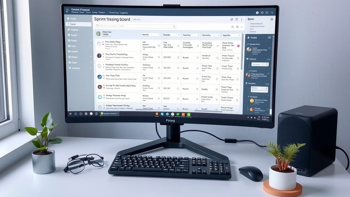 A software development workspace with an issue tracking board on a monitor, illustrating free alternatives to Jira