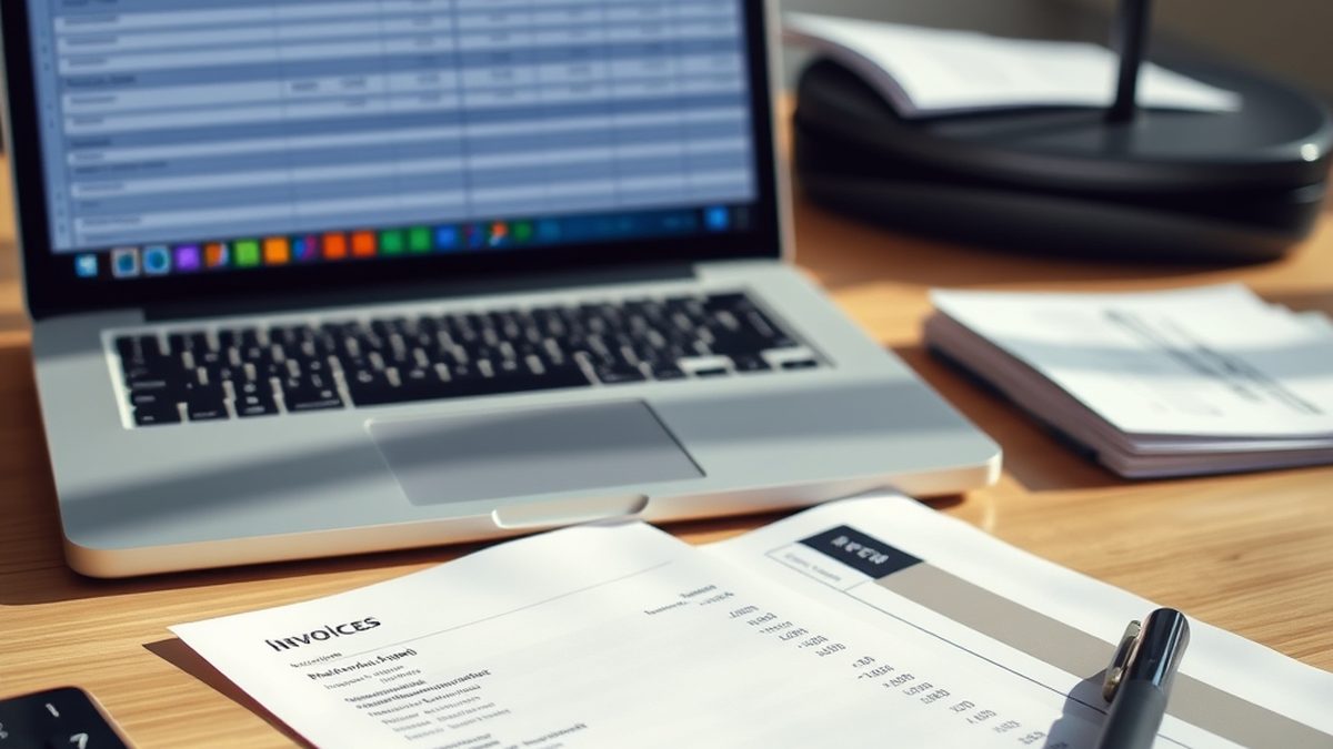 A laptop with a spreadsheet and paper invoices on a desk, illustrating free alternatives to QuickBooks