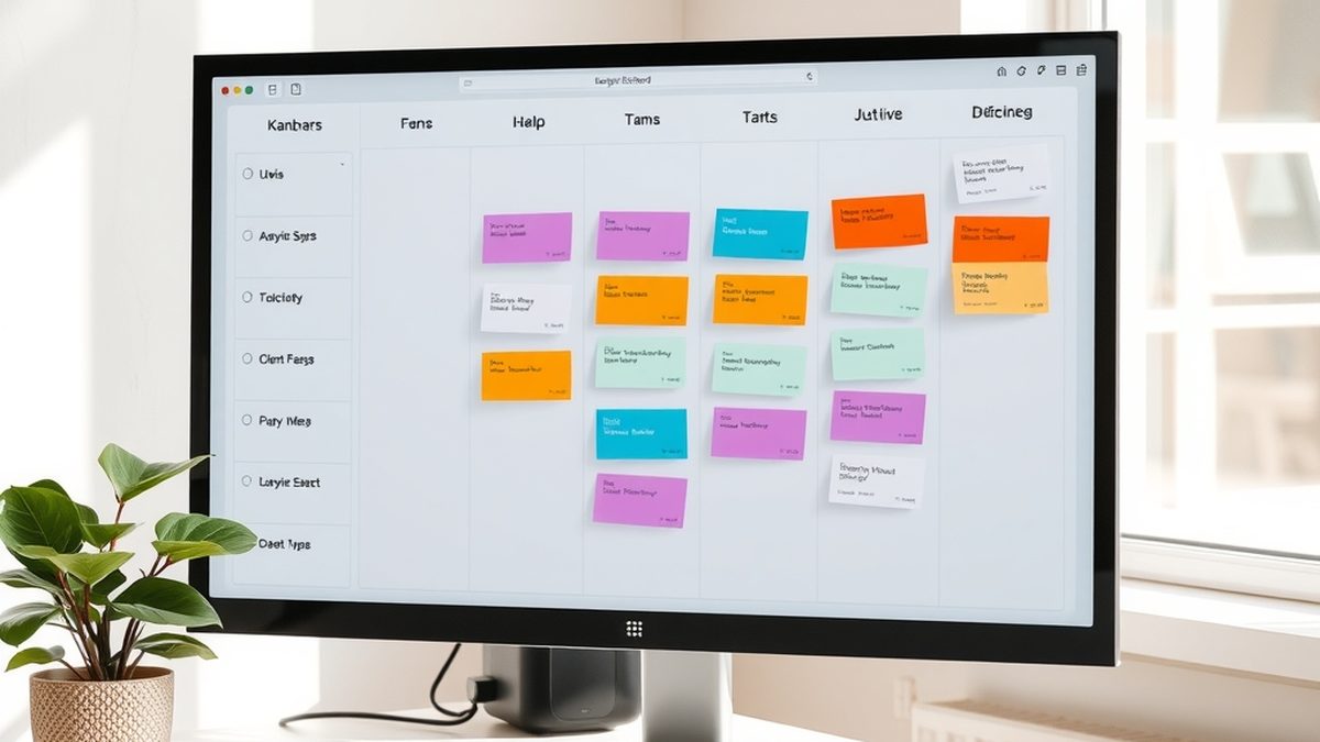 A clean kanban board on a monitor with colorful task cards, illustrating free alternatives to Trello