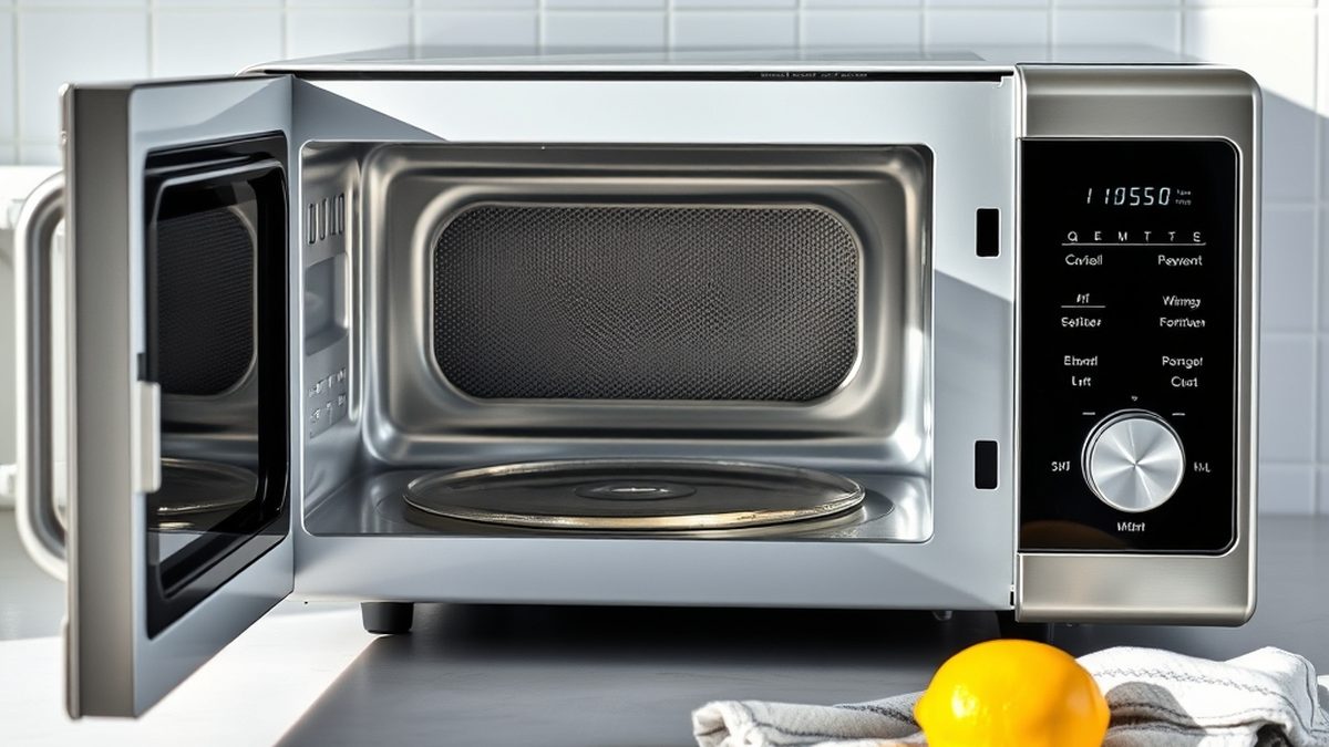 A clean microwave with the door open on a kitchen counter, showing the best way to clean a microwave