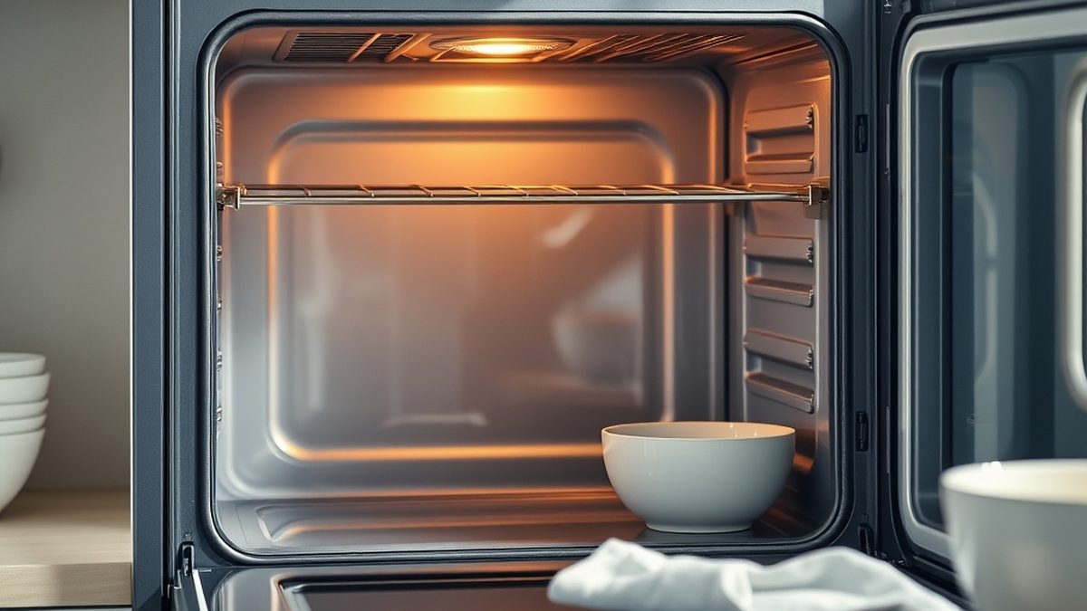 A clean oven with the door open in a bright kitchen, showing the best way to clean an oven