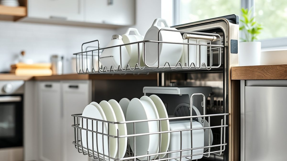 An open stainless steel dishwasher in a bright kitchen, illustrating how to clean a dishwasher