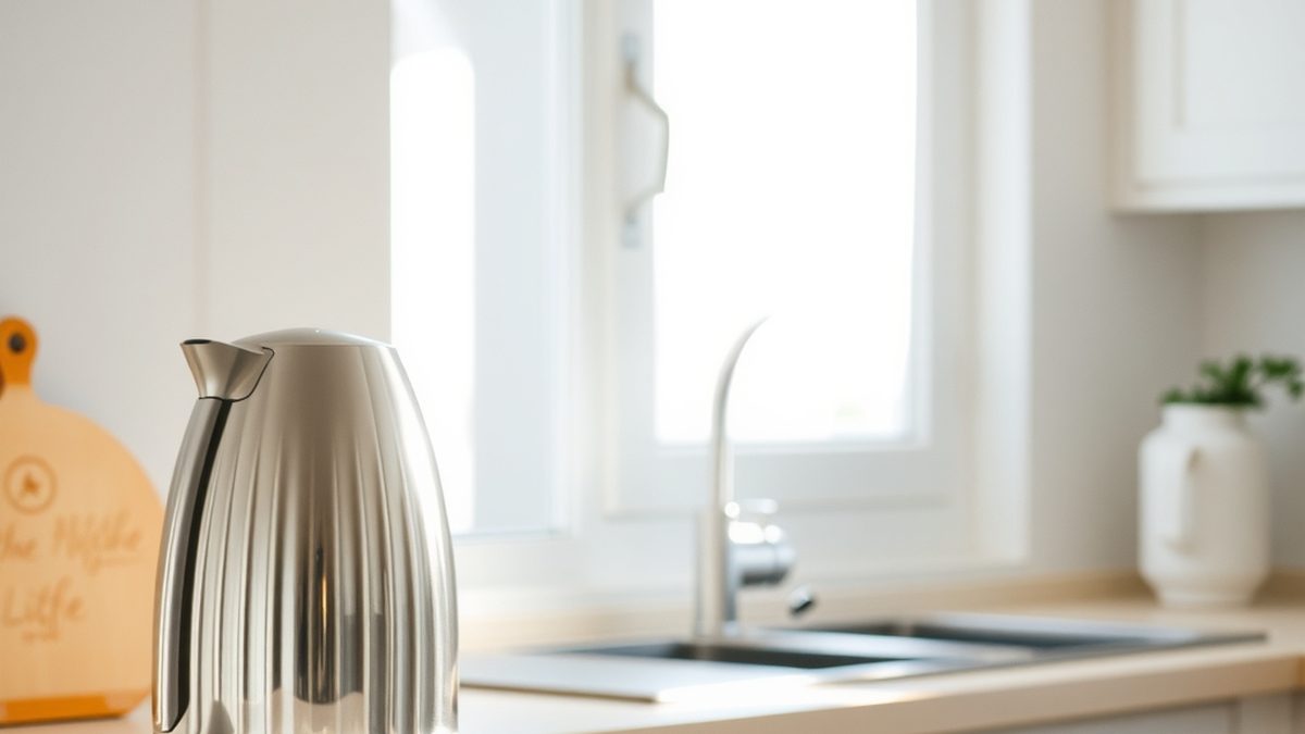 A stainless steel electric kettle on a kitchen counter, illustrating how to clean a kettle