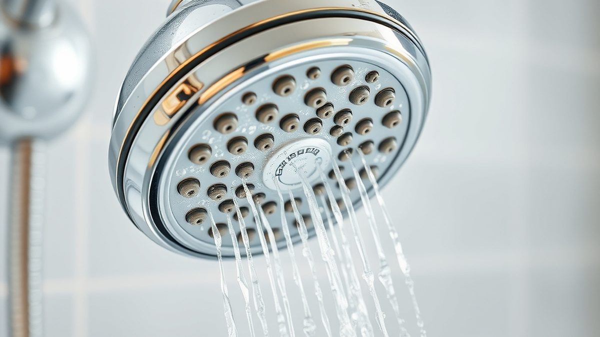 A chrome shower head with limescale deposits, illustrating how to clean a shower head