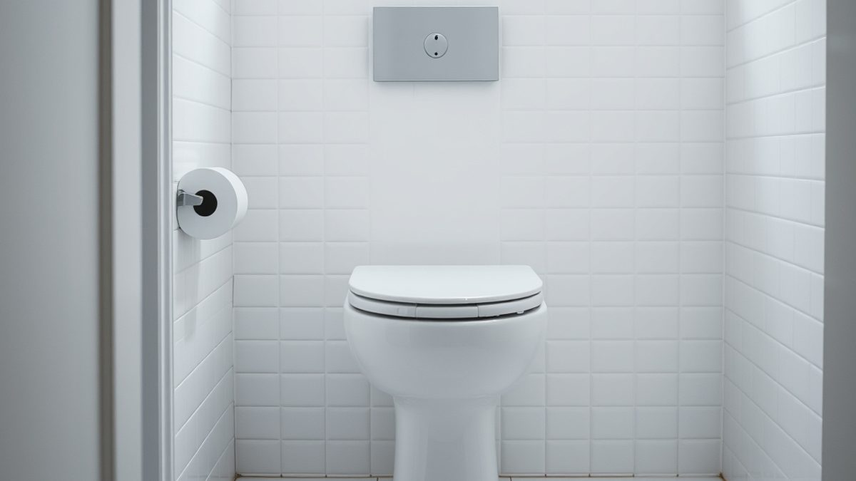 A spotless white toilet in a bright bathroom, illustrating how to clean a toilet