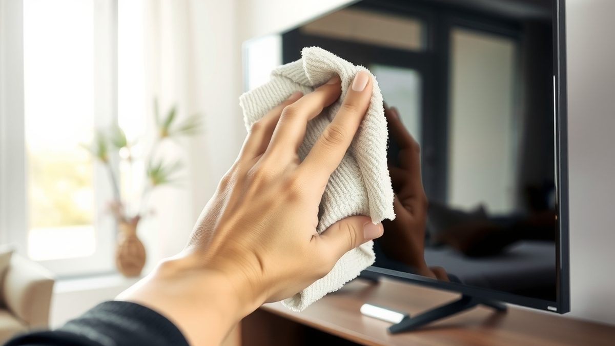 A person gently wiping a modern flat TV screen with a microfiber cloth, illustrating how to clean a TV screen