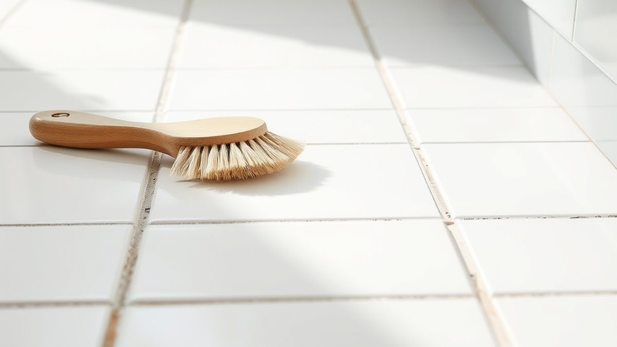 Clean white tile grout lines with a brush beside them, illustrating how to clean grout