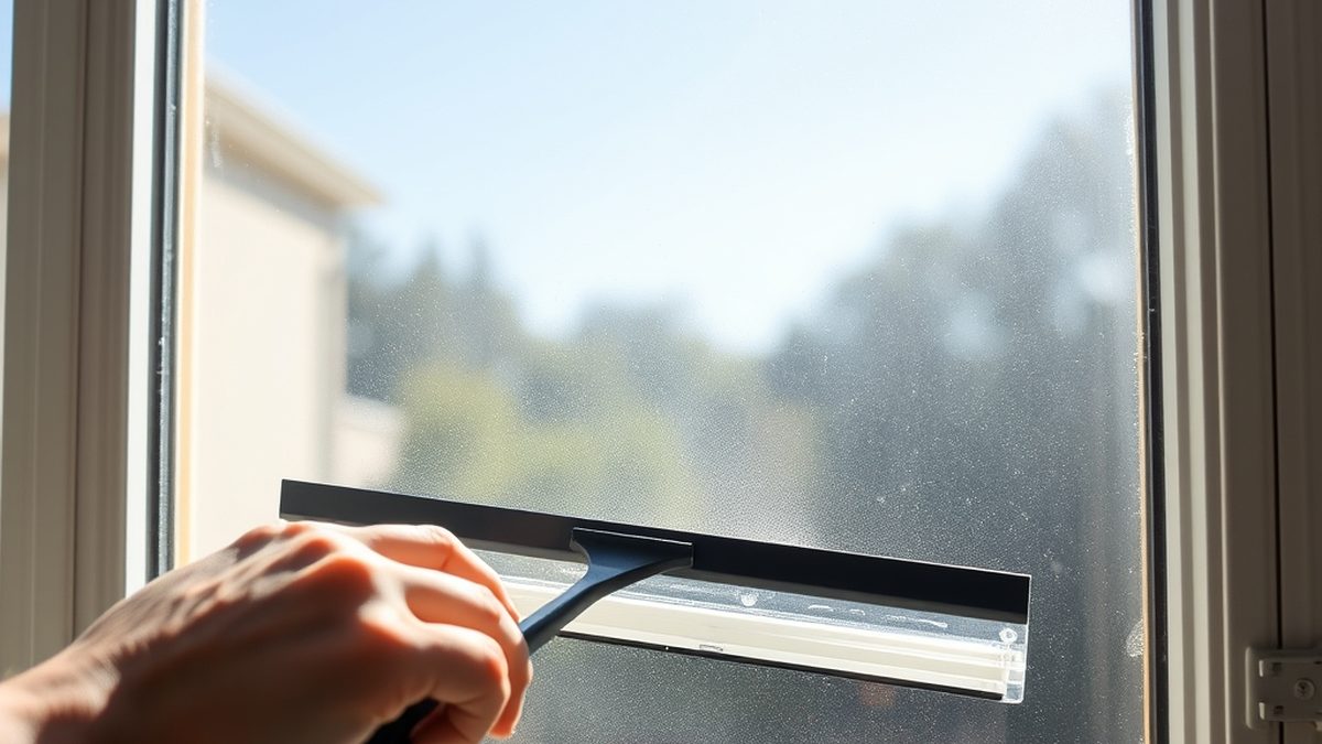 A squeegee being drawn across a clean window, illustrating how to clean windows without streaks