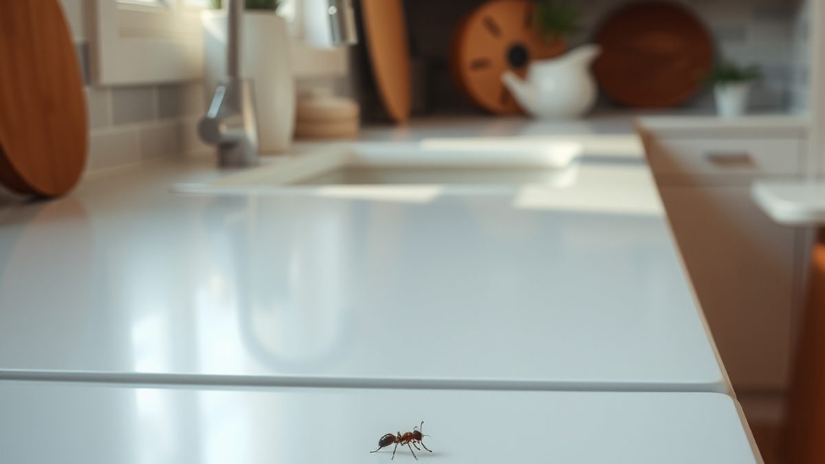 A kitchen counter with a few ants trailing near the sink, illustrating how to get rid of ants