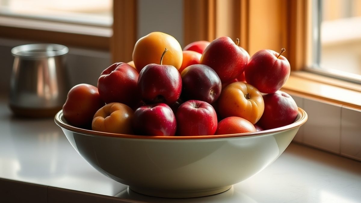 A bowl of ripe fruit on a kitchen counter, illustrating how to get rid of fruit flies
