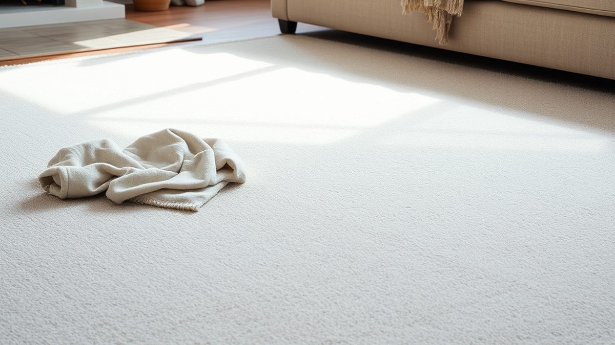 A clean light grey carpet with a cloth resting on it, illustrating how to remove carpet stains