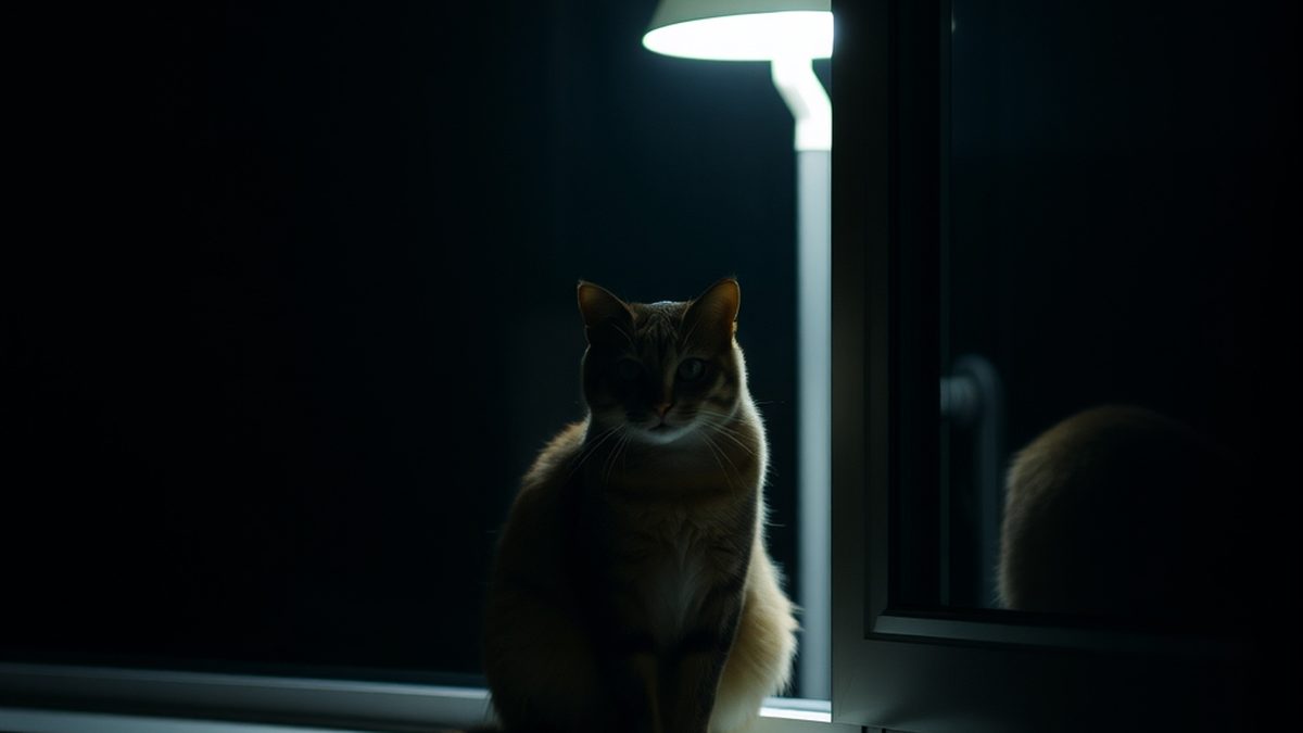 A cat sitting on a windowsill at night, illustrating how to stop a cat meowing at night