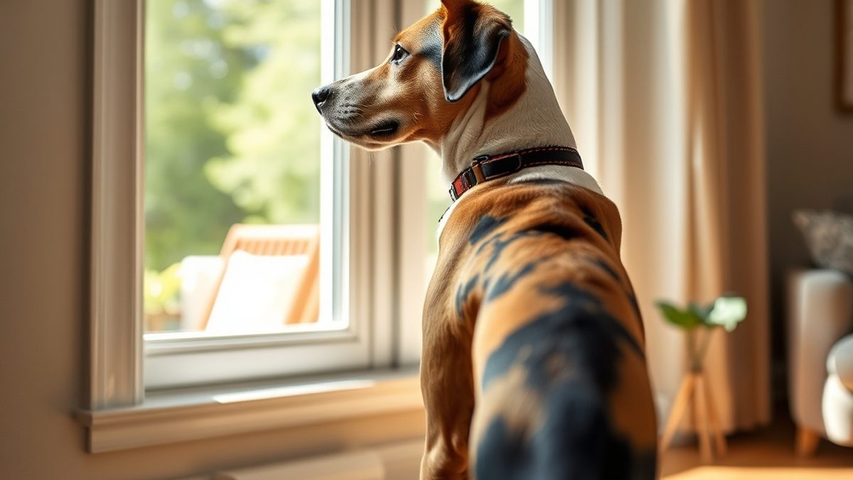 An alert dog looking out of a window, illustrating how to stop a dog from barking