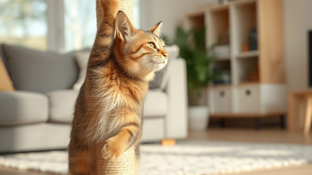 A cat stretching against a tall sisal post, showing how to stop my cat from scratching furniture