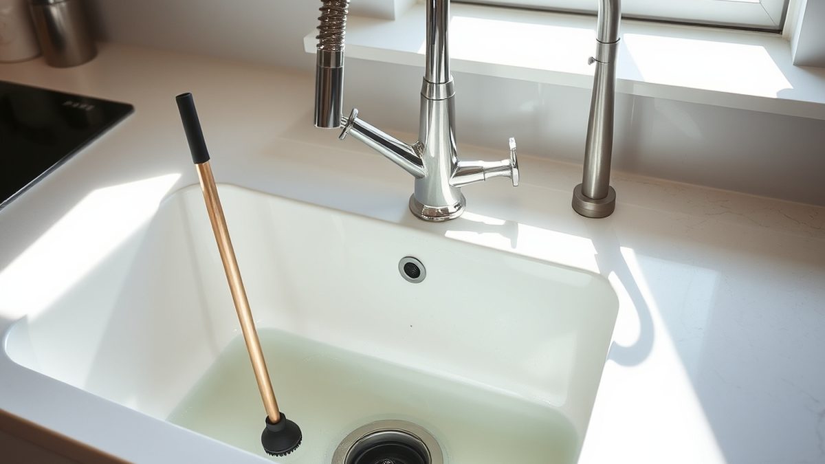 A kitchen sink with standing water, illustrating how to unclog a sink