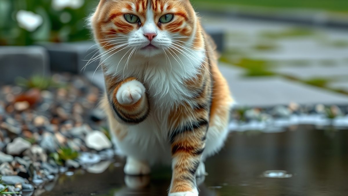 A cat looking displeased with one wet paw lifted, standing at the edge of a shallow puddle, illustrating why do cats hate water
