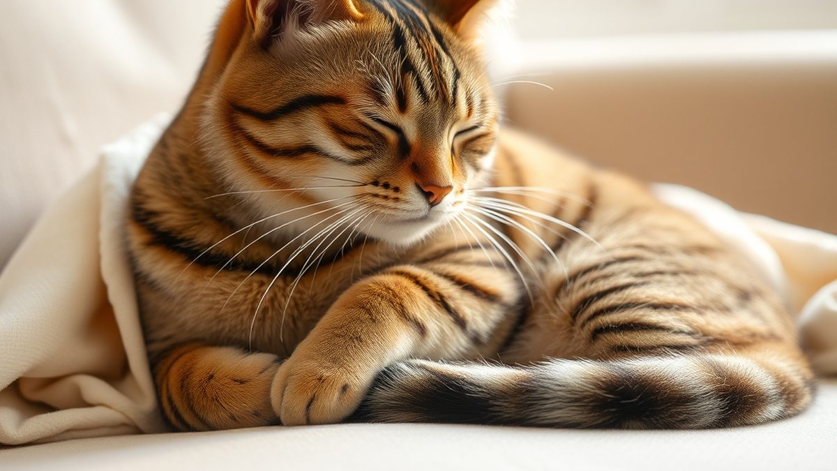 A tabby cat kneading a soft cream blanket with paws alternating, eyes half-closed, illustrating why do cats make biscuits