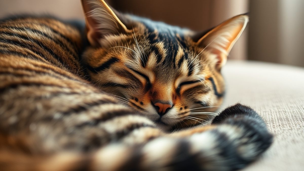 A relaxed tabby cat curled up with eyes half closed, illustrating why do cats purr
