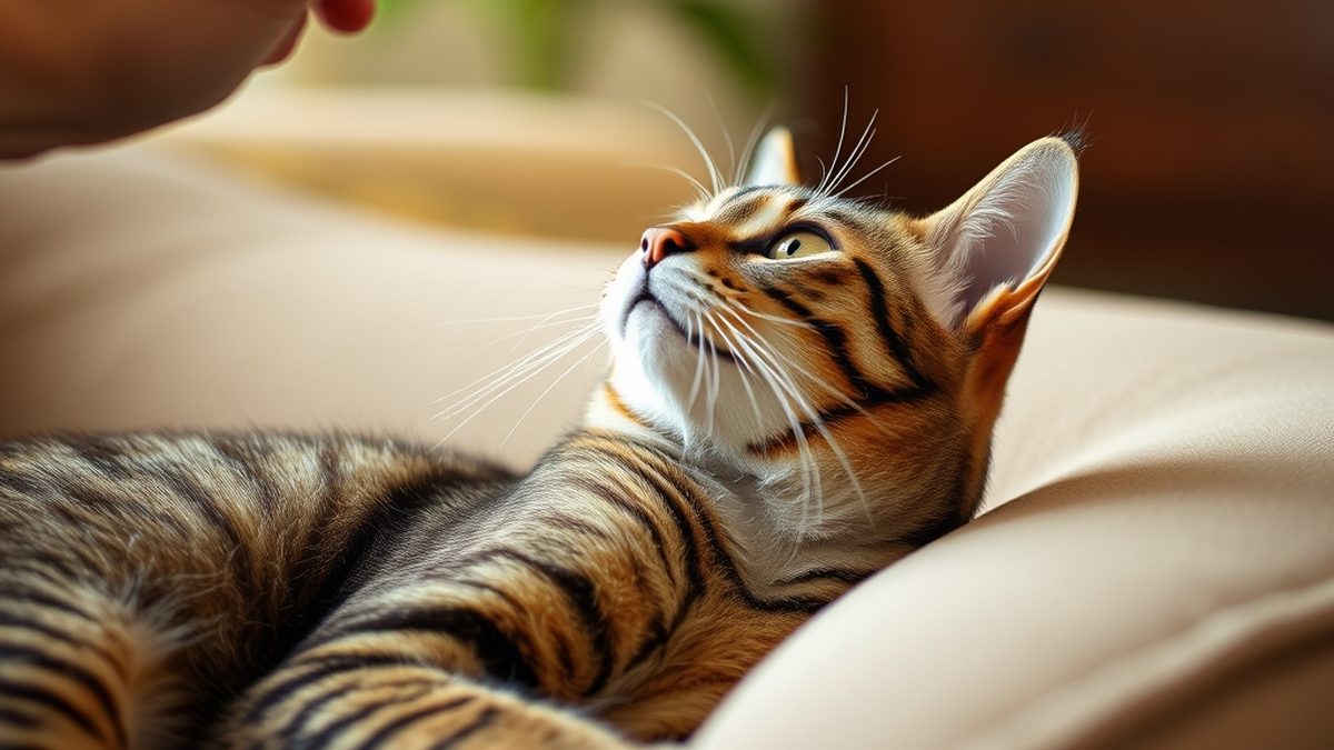 A cat lying on a sofa reaching toward a hand, illustrating why does my cat bite me