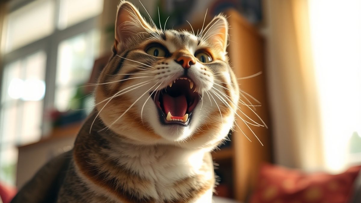 A domestic cat meowing at its owner in a bright living room, expressing the question why does my cat keep meowing
