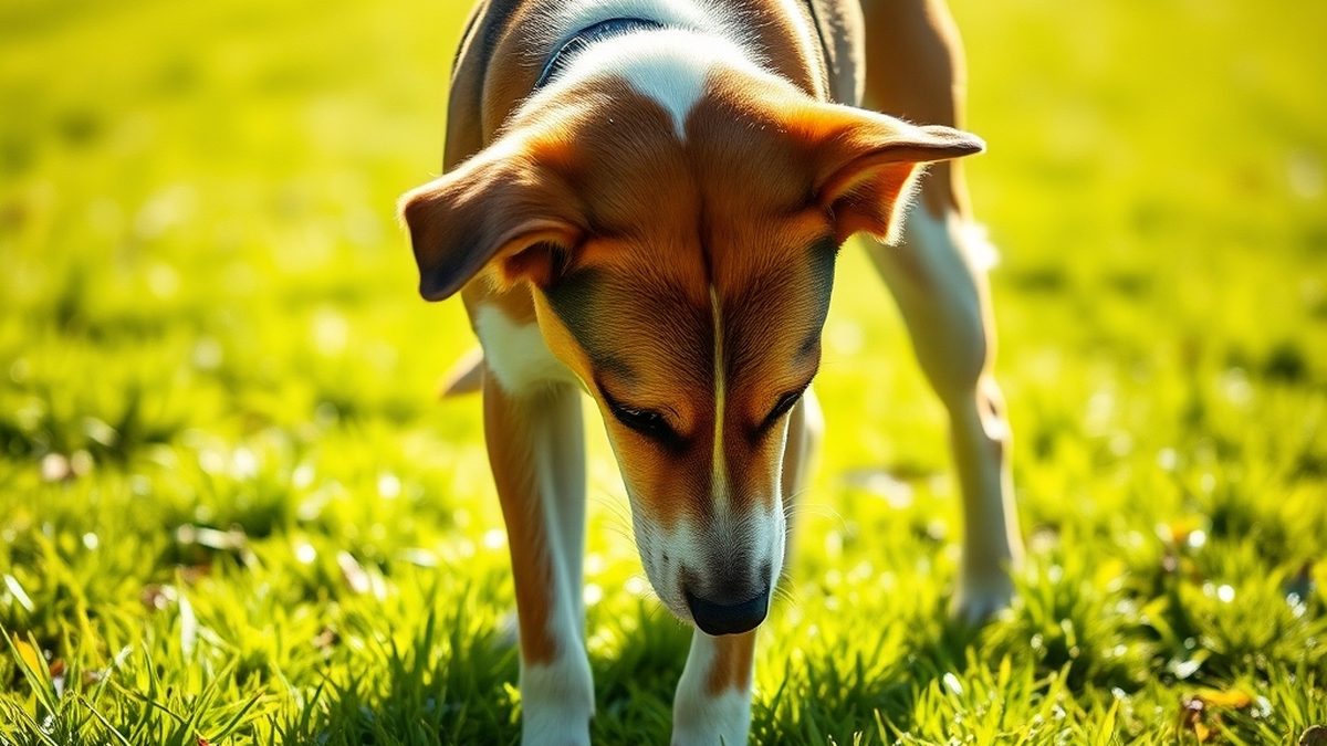 A dog sniffing grass in a sunlit garden, illustrating why does my dog eat grass