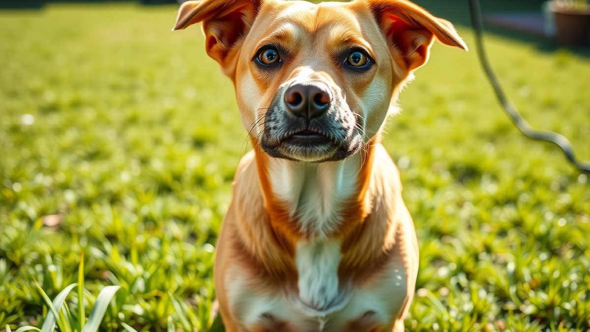 A dog in a park looking up at the camera with a curious expression, illustrating why dogs eat poop