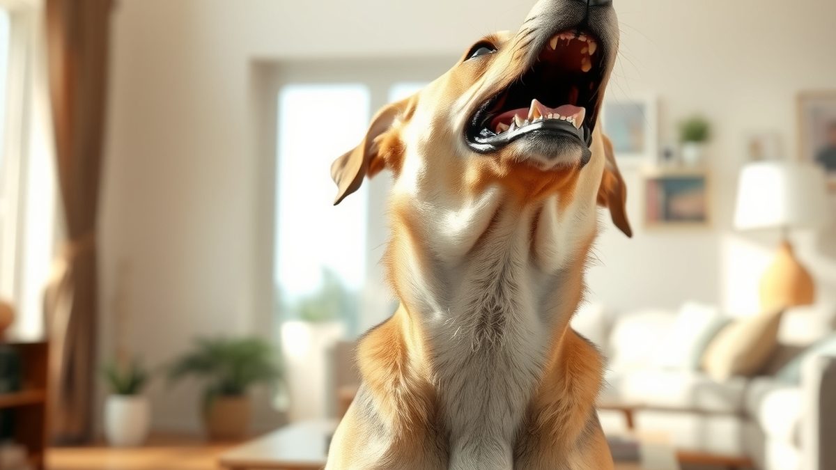 A dog tilting its head back and howling in a living room, expressing the question why does my dog howl