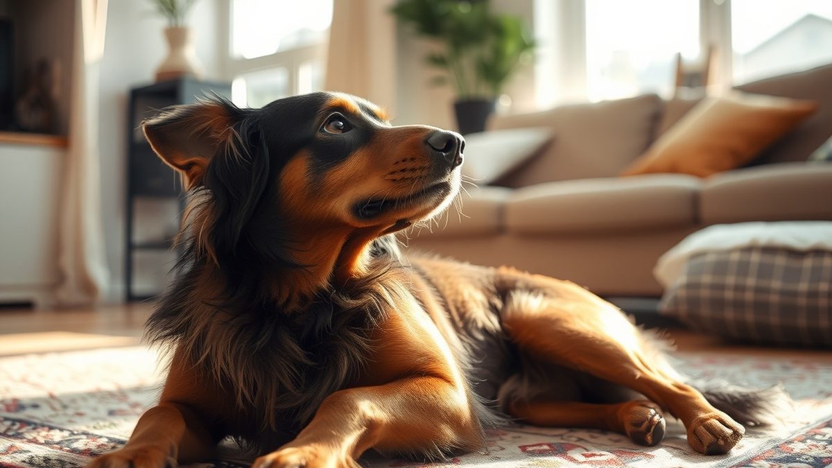 A dog resting on a rug, looking at its paw, illustrating why does my dog keep licking his paws