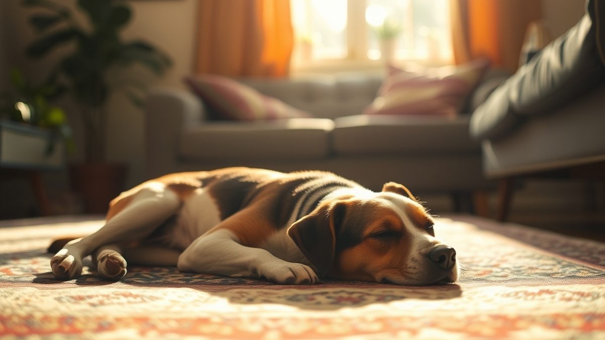 A dog asleep on a rug in a sunlit room, illustrating why does my dog sleep so much