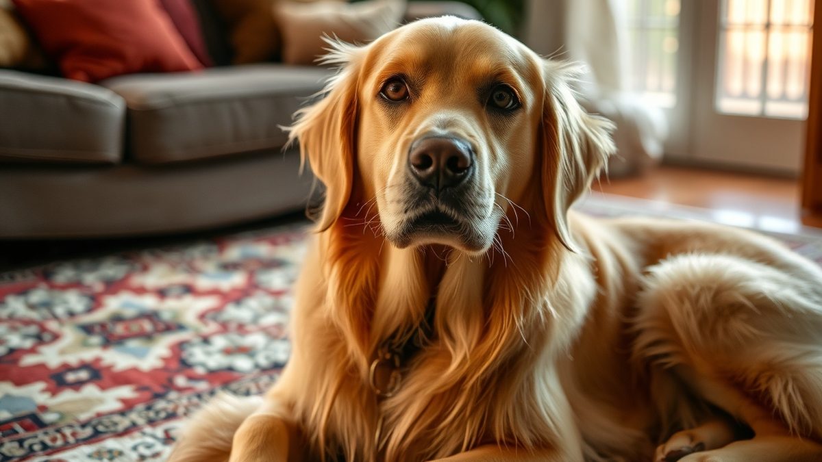 A dog staring intently at its owner in a living room, illustrating why does my dog stare at me